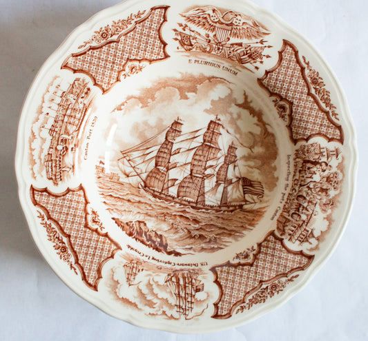 Alfred Meakin 'Fair Winds' Pattern Brown and White Transferware Rimmed Soup Plates (4)