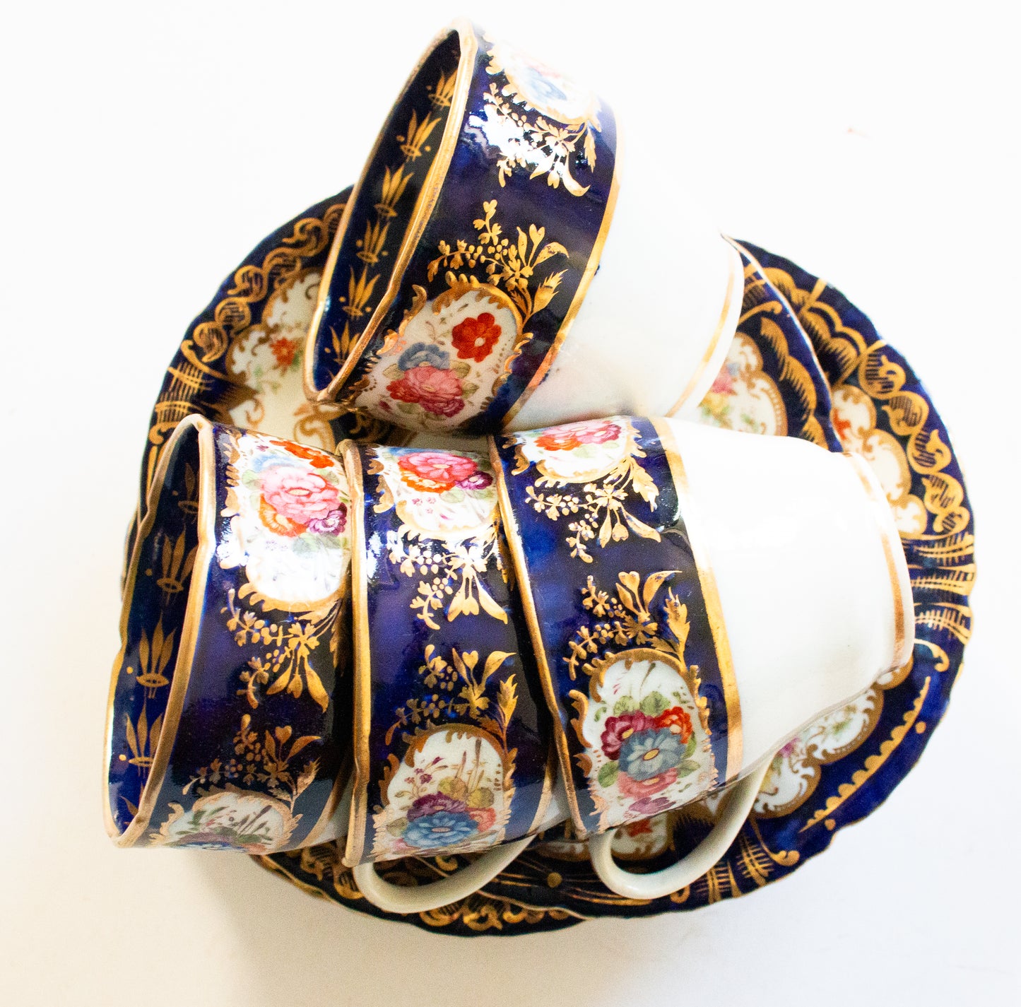 Antique Staffordshire China Teacups with Floral and Gilt Detail (4)