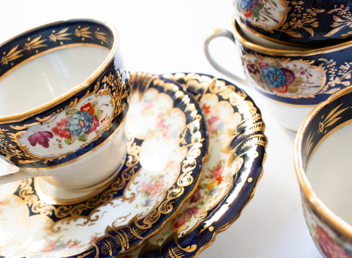 Antique Staffordshire China Teacups with Floral and Gilt Detail (4)