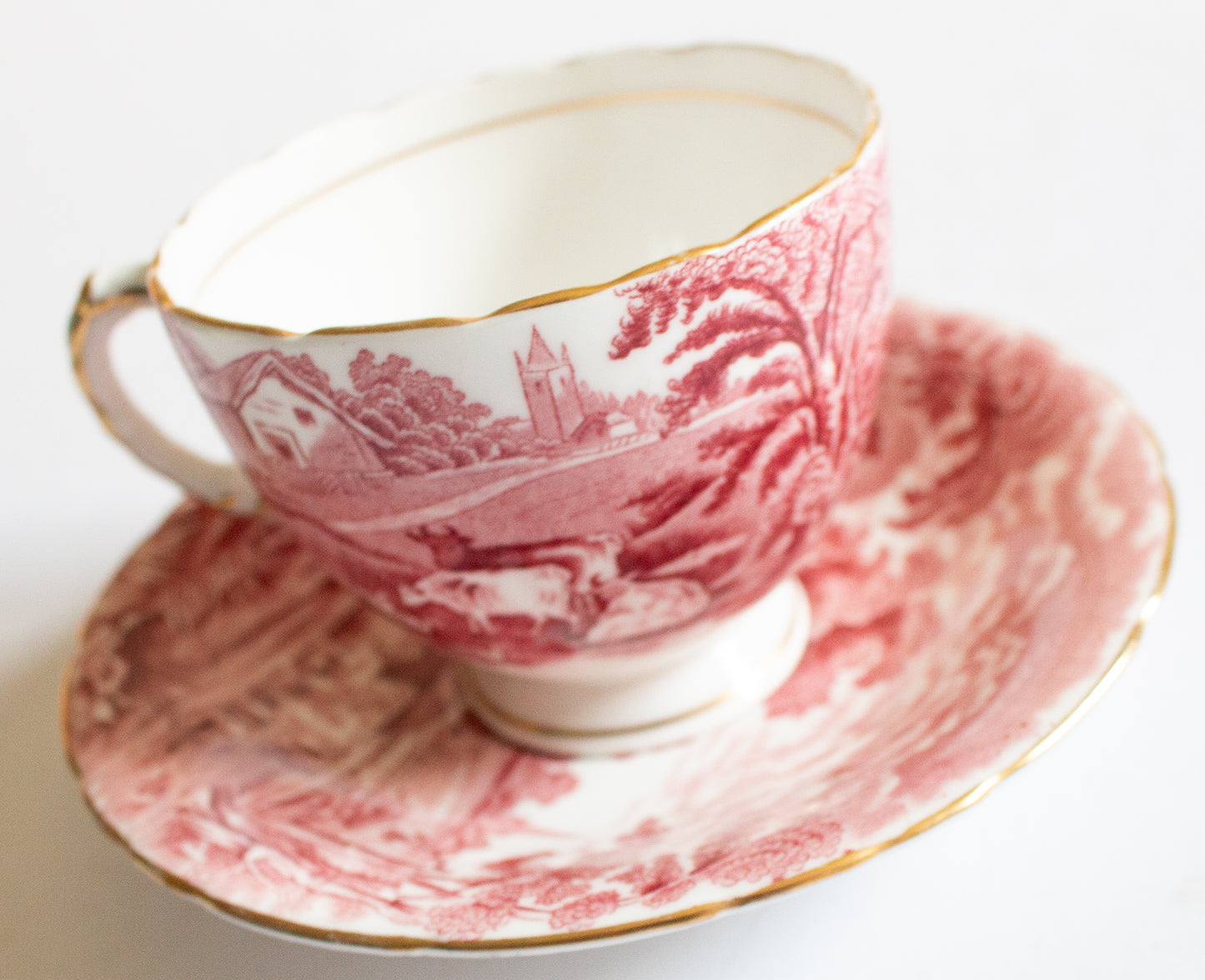 H. M. Sutherland China 'Rural Scenes' Pattern Red and White Transferware Teacup and Saucer