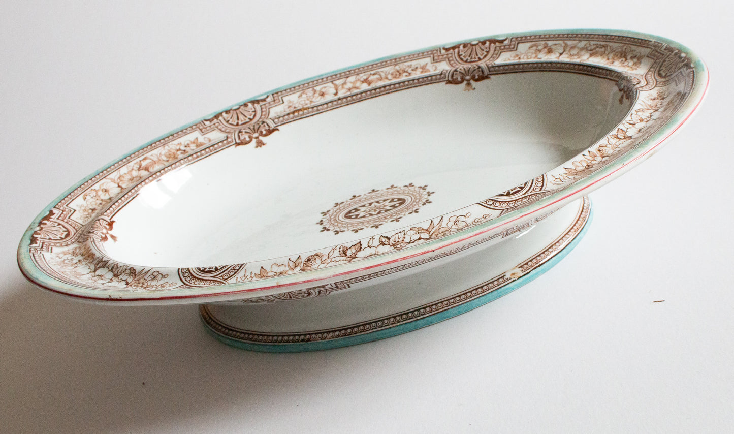Antique Ashworth Bros. 'Lucerne' Brown and White Transferware Oval Comport or Serving Dish with Blue and Brown Trim